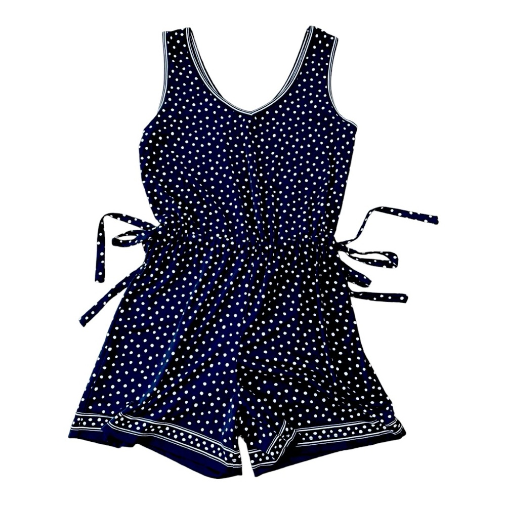Max Studio Women's Romper Shorts Sleeveless Tie Waist EUC Navy Polka Dot Sz Med